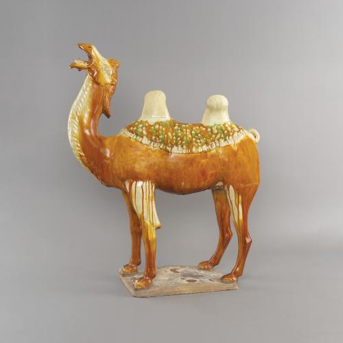 Large Chinese pottery sancai, three-colour glazed Bactrian camel, Tang dynasty, early 8th century.