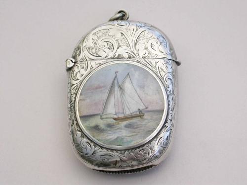 Victorian Silver and Enamel Yachting Scene Vesta Case