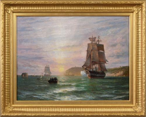 Seascape oil painting of a guardship firing a salute off a coast by Henry Thomas Dawson