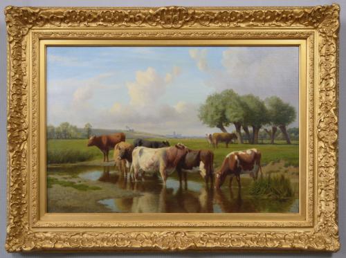 Landscape animal oil painting of cattle near Canterbury Cathedral by William Sidney Cooper