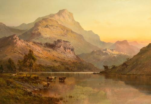 The Grampians, Cattle Watering in a Loch at Dusk by Alfred de Breanski Senior (British 1852-1928)