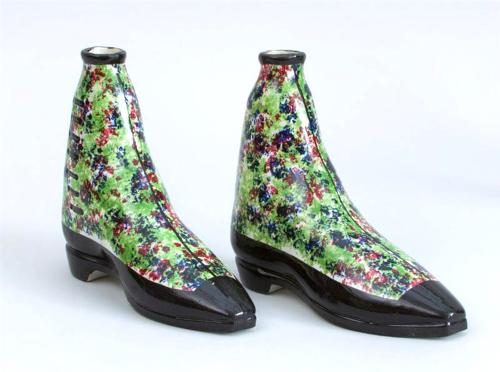British Pottery Pearlware Sponged Spirit Flasks Modelled in form of Boots, Scottish, Circa 1840-50