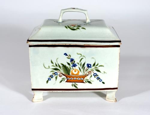 Unusual Pearlware Prattware Pottery Covered Botanical Tea Caddy Box, Cambrian Pottery, Swansea