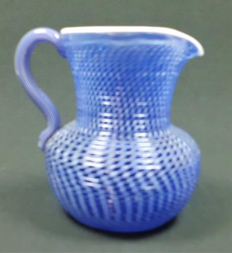 Blue and white latticinio glass jug, Clichy, France circa 1860