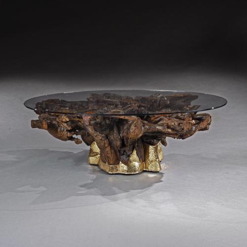 Mid 20th Century Brass Mounted Root Coffee Table With Oval Glass Top