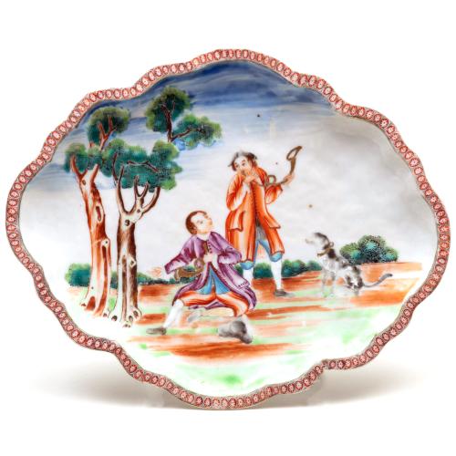 Chinese Export Porcelain European-subject Oval Dish, European Figures of Huntsmen & Hound, Circa 1765-85