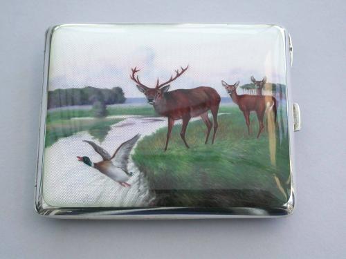 German Silver & Enamel Red Deer & Duck Cigarette Case