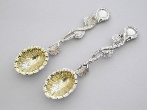 Pair Victorian Cast Silver Naturalistic Salt Spoons