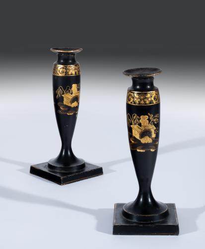 Pair of Japanned Toleware Candlesticks