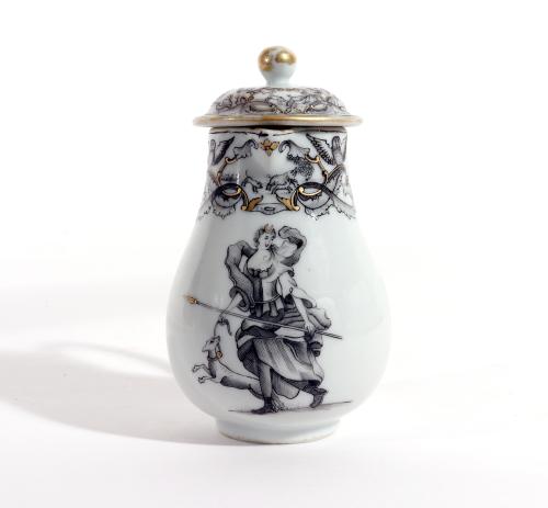 Chinese Export Porcelain En Grisaille Milk Jug and Cover,  Goddess Diana and Her Dog, Circa 1740-45