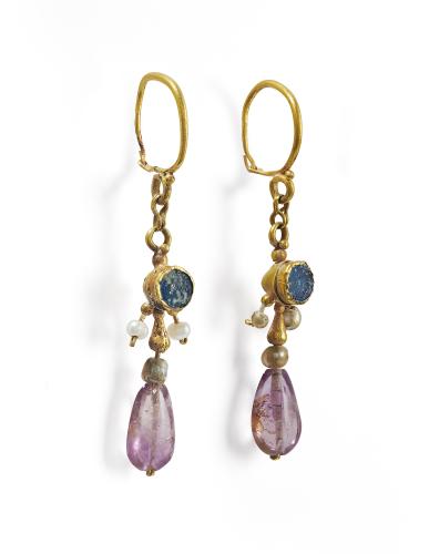 A pair of Byzantine gold, amethyst, and pearl earrings