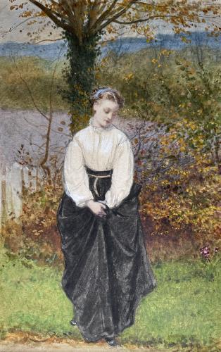 Circle of Frederick Walker ARA - Victorian watercolour of a Girl by a Garden Path