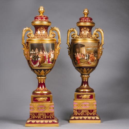 Vienna Style Porcelain Ruby Ground Vases