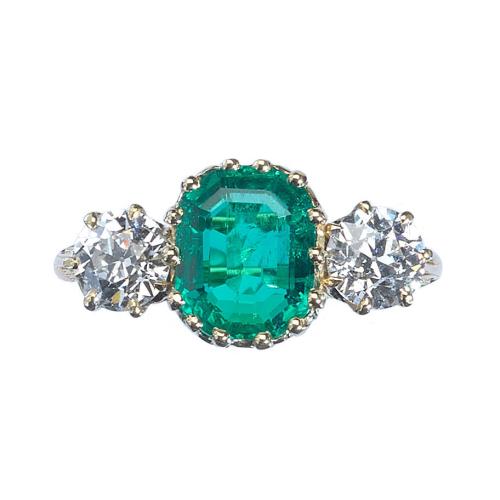 Antique Emerald and Diamond 3 Stone Ring