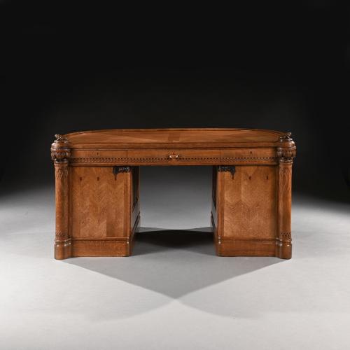 North European Art Nouveau Demi-Lune Shaped Oak Pedestal Writing Desk