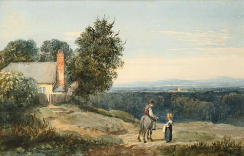 Travellers by a Country Cottage, David Cox