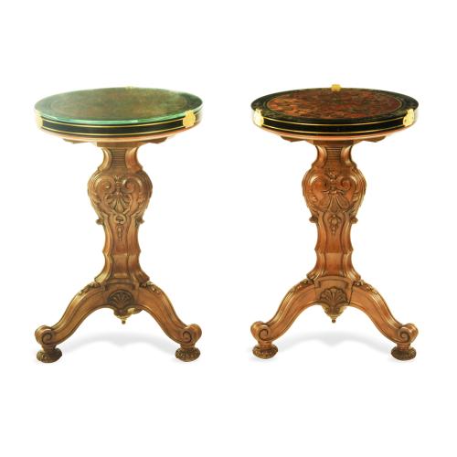 small walnut tables with Boulle-work tops by Pillinini
