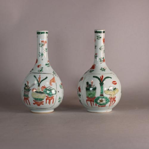 Kangxi pair of famille verte bottle vases