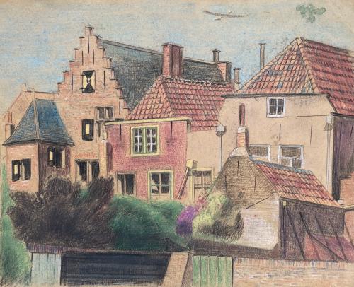 Bernard Sleigh pastel drawing of Houses in Holland or Belgium