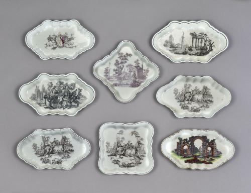 Collection of eight Worcester transfer printed spoon trays, c.1775