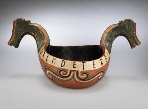 Fine Large Ceremonial Horse Head Kasa or "Kjenge" Retaining Original "Rosemaling" Decoration Dug-Out, Hand Carved and Painted Birchwood Norwegian, Inscribed and Dated "1791
