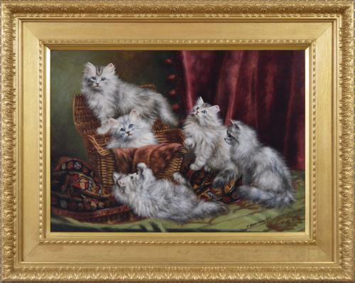 Genre animal oil painting of Persian kittens by Agnes Augusta Talboys