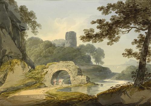 A Castle on a hill by a ruined bridge, William Payne