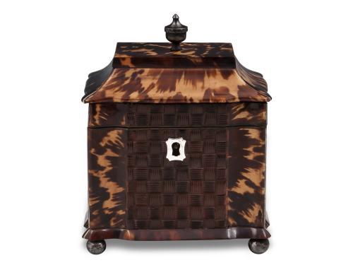 Tortoiseshell Tea Caddy with Pressed Basket Weave Design