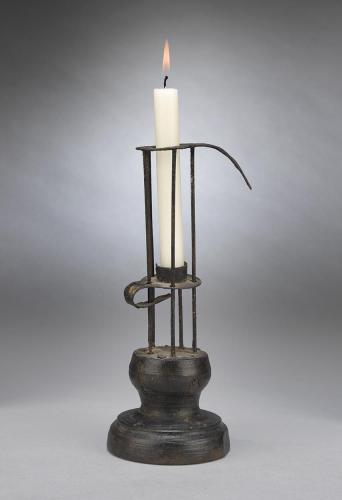 Fine Early and Unusual Adjustable "Birdcage" Candlestick Hand Wrought Iron on Original Turned Wooden Base English, C19th