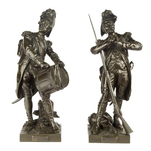 A pair of bronze figures entitled ‘Avant le combat’ and ‘Après le combat’ cast from models by Etienne-Henri Dumaige