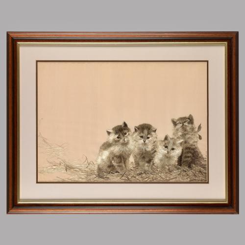 Japanese silk embroidery decorated with cats, late Meiji Period