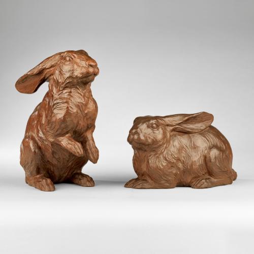 Japanese pair of wood hares signed Hirotsugu, Showa Period