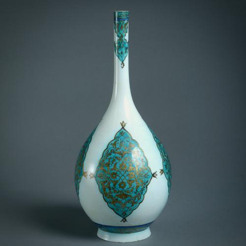 Large Turquoise White and Gilt Bottle Vase
