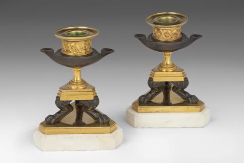 Pair of Regency Bronze and Gilt Bronze Candlesticks in the form of Oil Lamps