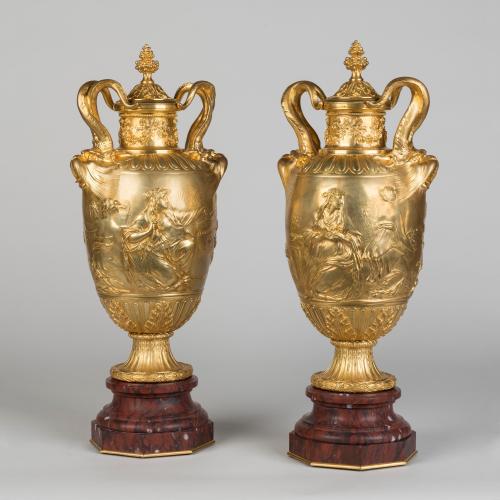 A Pair of Bronze Vases Depicting the 'Sacrifice to Venus' cast by Barbedienne