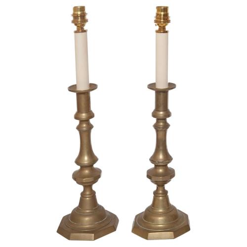 Pair of Turned Brass Candlesticks as Table Lamps