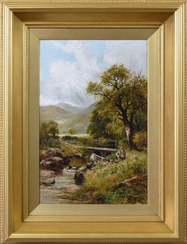 Landscape oil painting of figures picking flowers at a river bank by Robert John Hammond