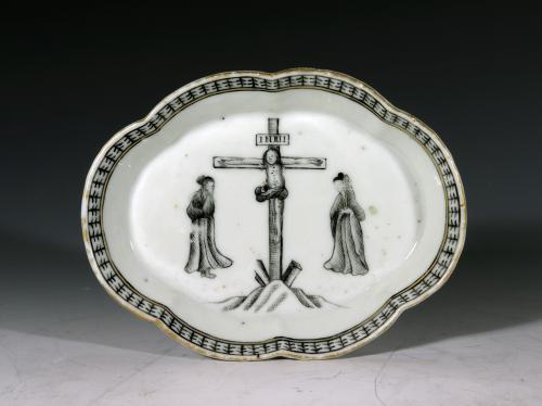 Chinese Export Porcelain En Grisaille Spoon Tray, The Crucifixion, Circa 1745