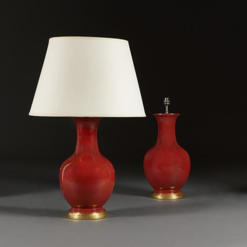 A Pair of Monochrome Coral Glaze Lamps