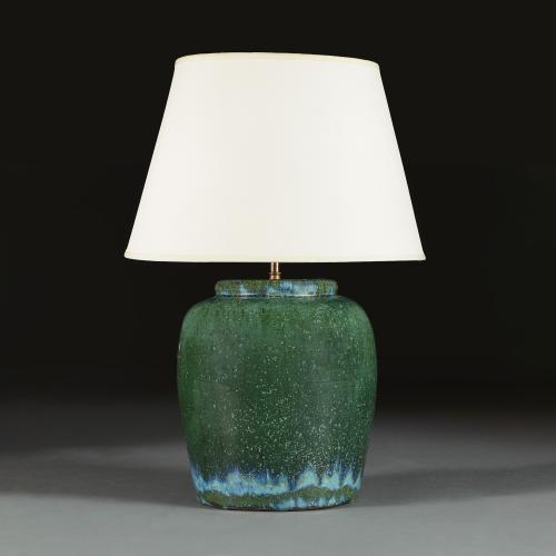 A Large Green Glaze Art Pottery Lamp