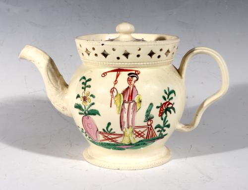 Creamware Chinoiserie Teapot & Cover with Openwork Gallery 