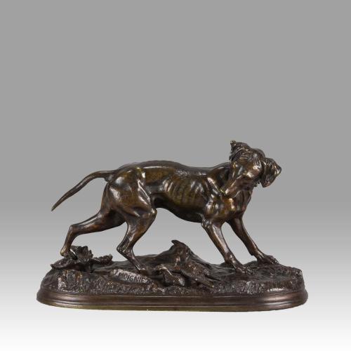 19th Century Animalier Bronze entitled "Pointer and Game Bird" by J Moigniez