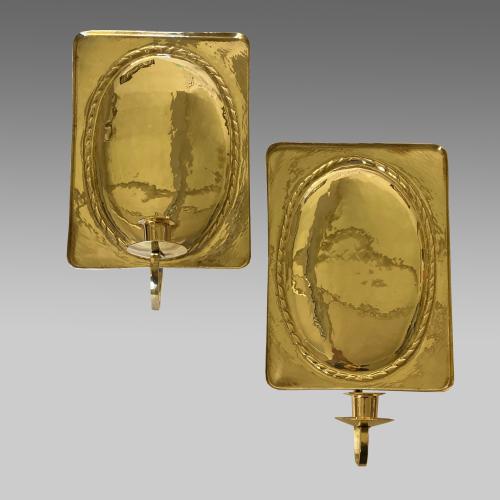 Pair brass Swedish, Arts & Crafts style wall sconces.