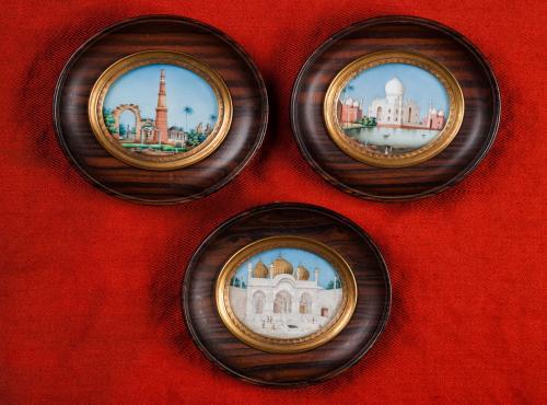 Three Fine Indian Miniatures: Taj Mahal, Qutub Minar & Moti Masjid
