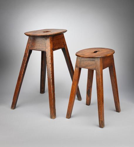 Good Georgian Vernacular Oval Top Stool  With Shaped Handle Grip and Raised on Square Tapering Legs  Well Patinated and Burnished Elm  English, c.1780  Private collection, Birmingham 