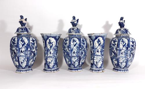 Dutch Delft Blue & White Chinoiserie Garniture of Vases, Circa 1765