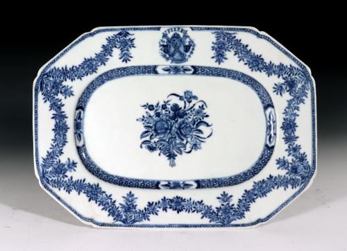 Chinese Export Underglaze Blue Armorial Porcelain Dish Arms of Dalrymple of Hailes, Motto- FIRME, Circa 1775.