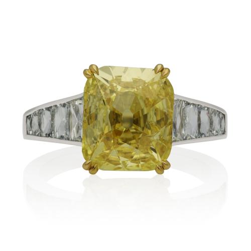 Hancocks 2.56ct Fancy Intense Yellow Old Cushion Cut Diamond Ring With French Cut Shoulders
