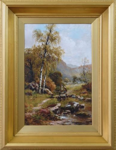 River landscape oil painting of figures crossing stepping stones by Robert John Hammond