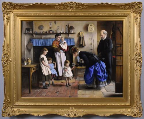 Genre oil painting of a family receiving visitors in a cottage interior by Joseph Clark ROI